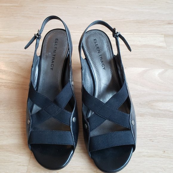 Ellen Tracy Black Leather Open-Toe Sling-back Stacked Heels- Size 8 M - EUC - Picture 2 of 8